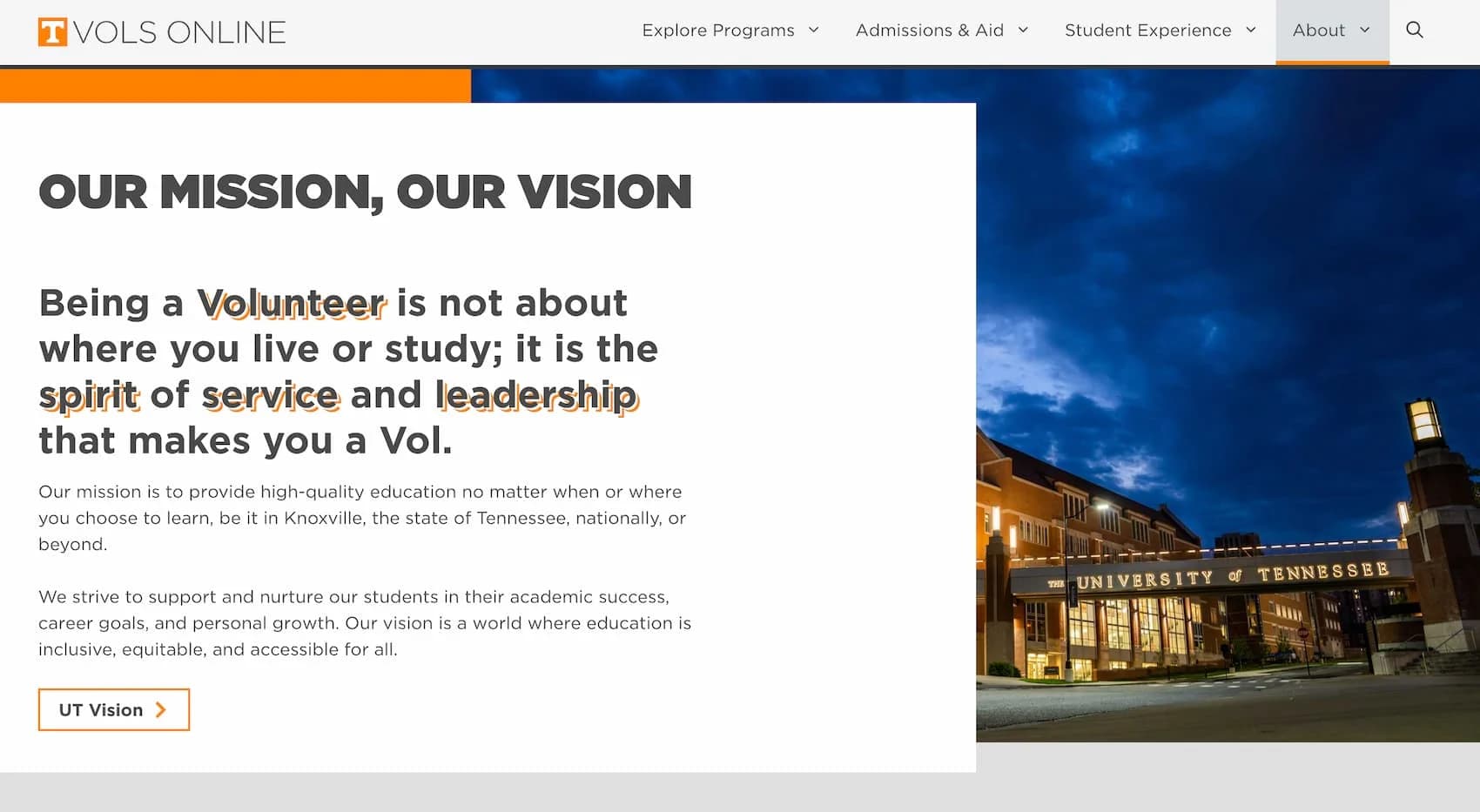 Vols Online mission and vision section beside a campus photograph, April 2023.